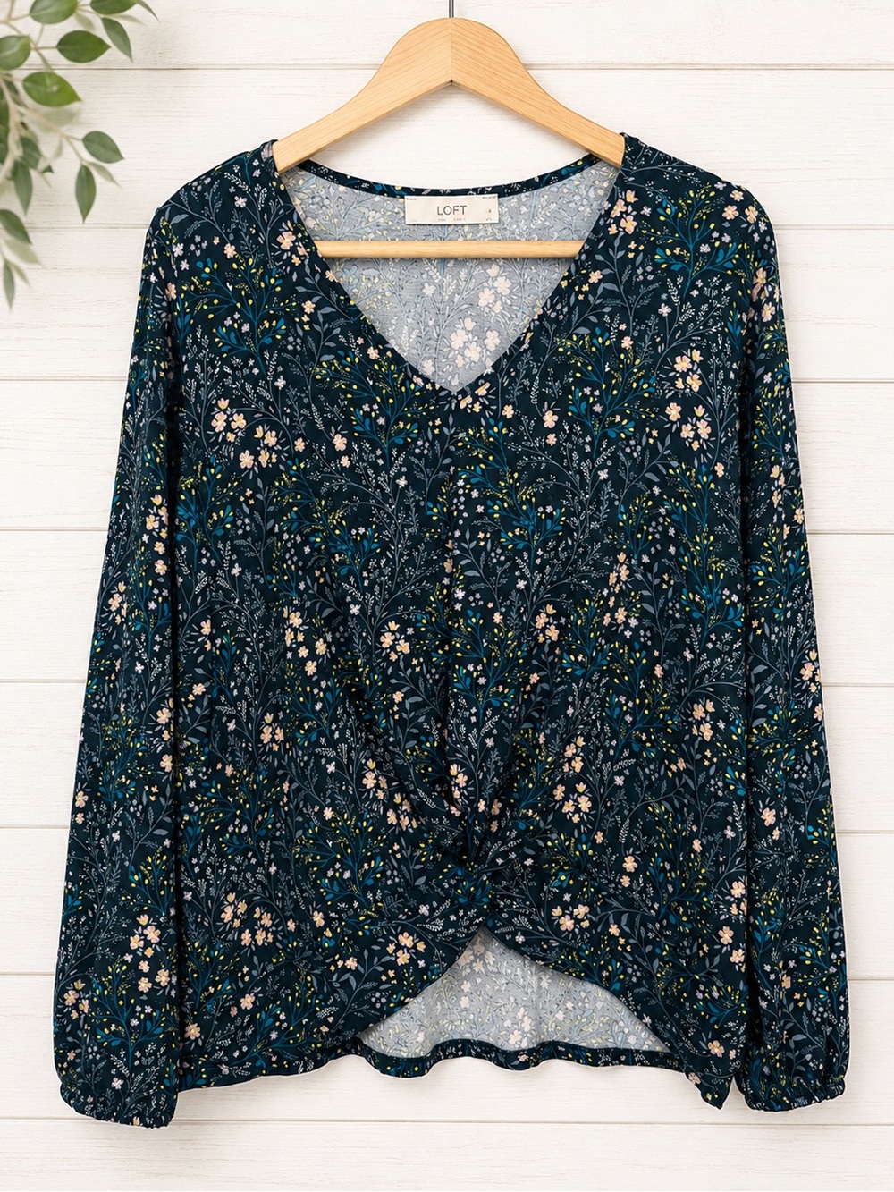 LOFT Navy Blue Floral Twist-Hem V-Neck Top